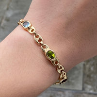 Vintage Multicolor Gemstone and 14K Gold Mariner Link Bracelet