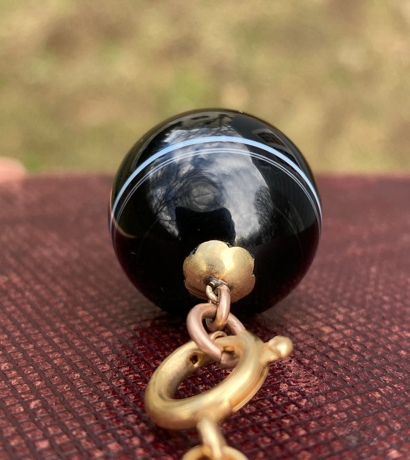 Large Victorian 14K Gold Banded Agate Ball Charm, Pendant