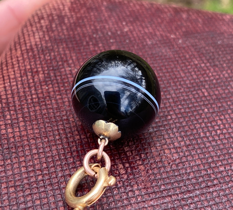 Large Victorian 14K Gold Banded Agate Ball Charm, Pendant
