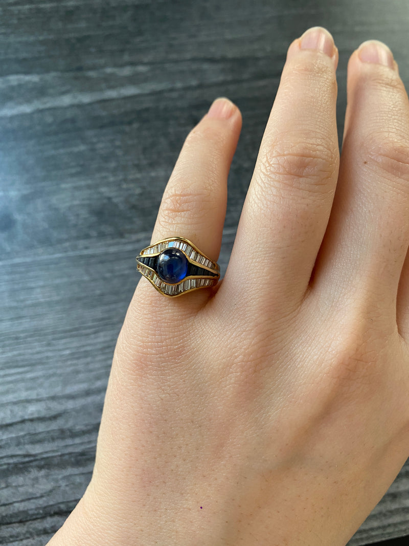 Vintage Sapphire and Diamond “Eye” Shaped 18K Gold Dinner Ring