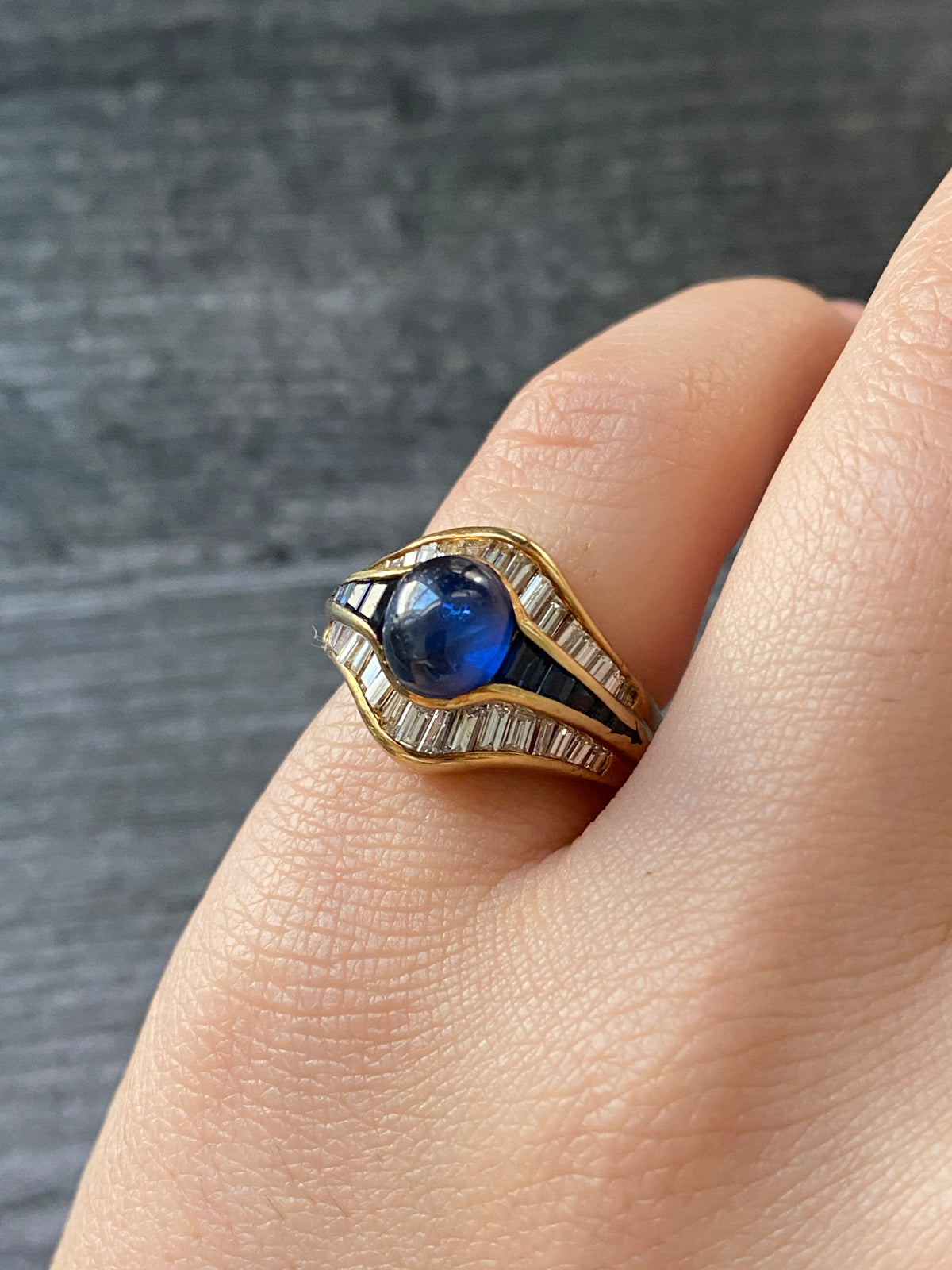 Vintage Sapphire and Diamond “Eye” Shaped 18K Gold Dinner Ring