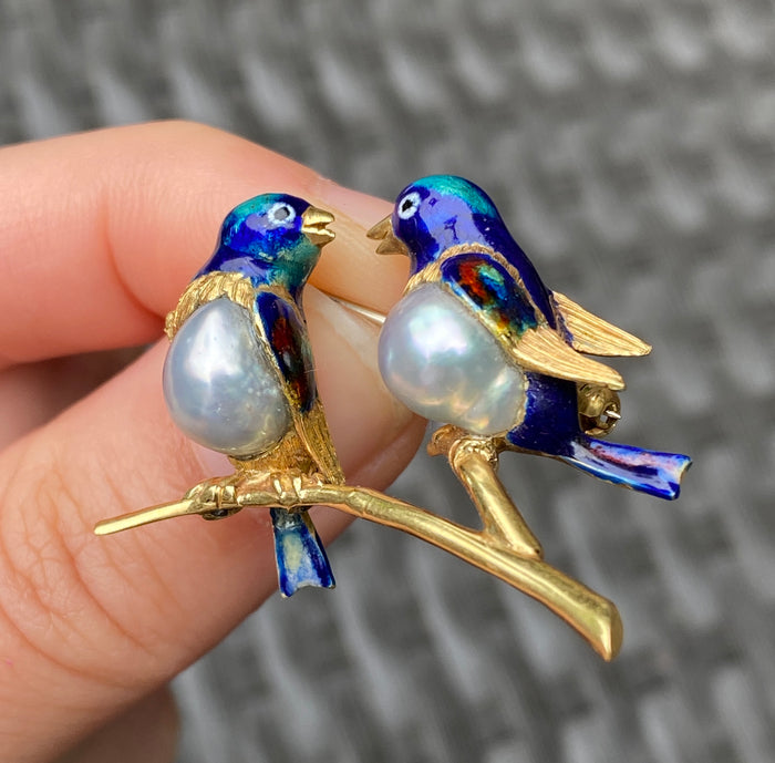 Vintage 18K Gold, Enamel, and Pearl Love Birds Brooch, Parrot Pin