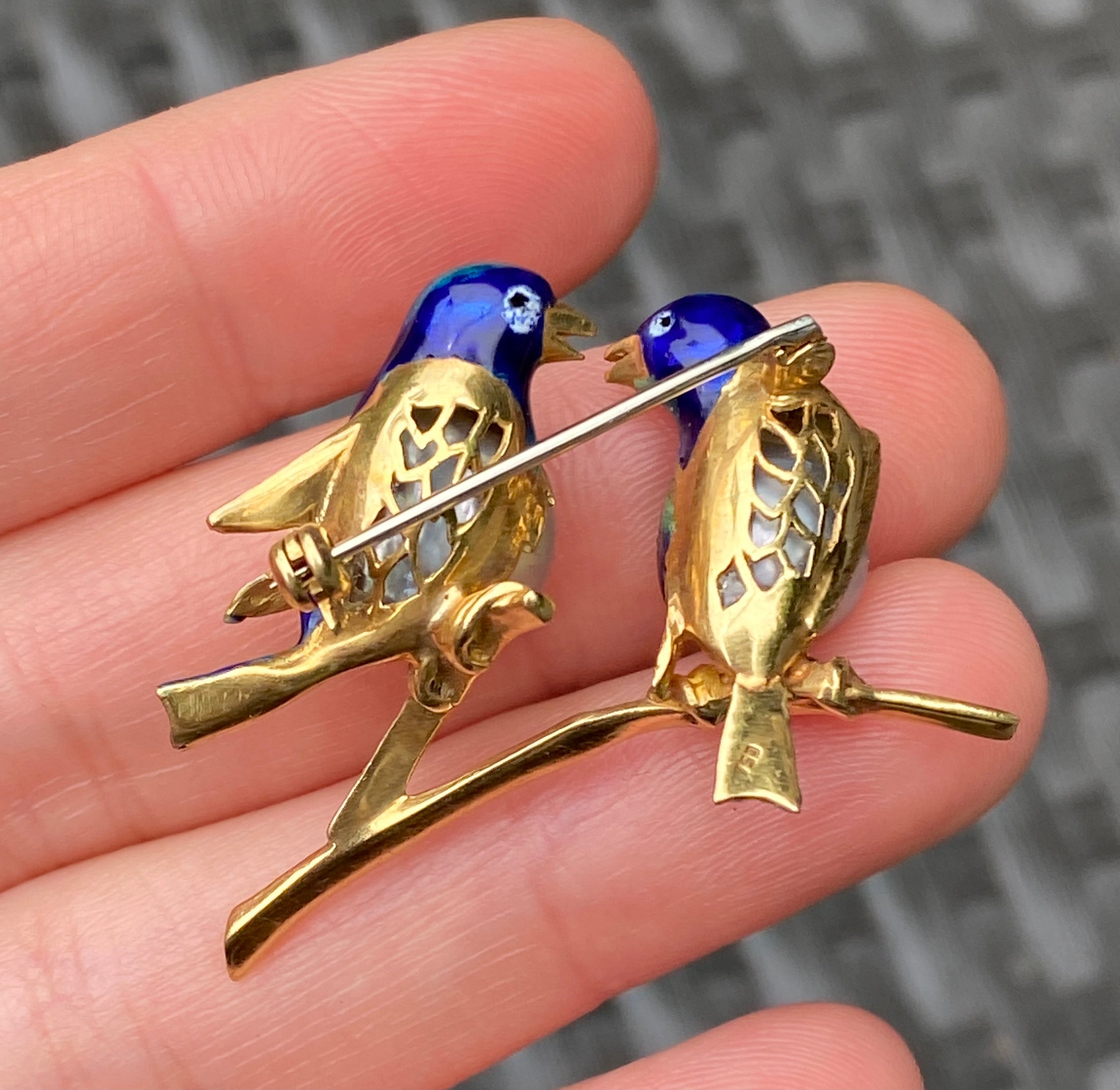 Vintage 18K Gold, Enamel, and Pearl Love Birds Brooch, Parrot Pin