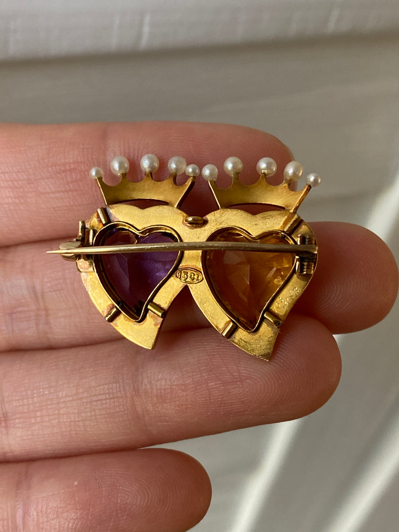 Victorian 15K Gold Citrine and Amethyst Witches' Heart Pin