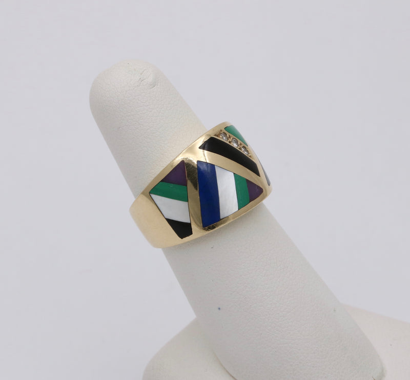 Asch Grossbardt 14K Gold, Inlaid Gemstone, and Diamond Geometric Ring