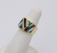 Asch Grossbardt 14K Gold, Inlaid Gemstone, and Diamond Geometric Ring