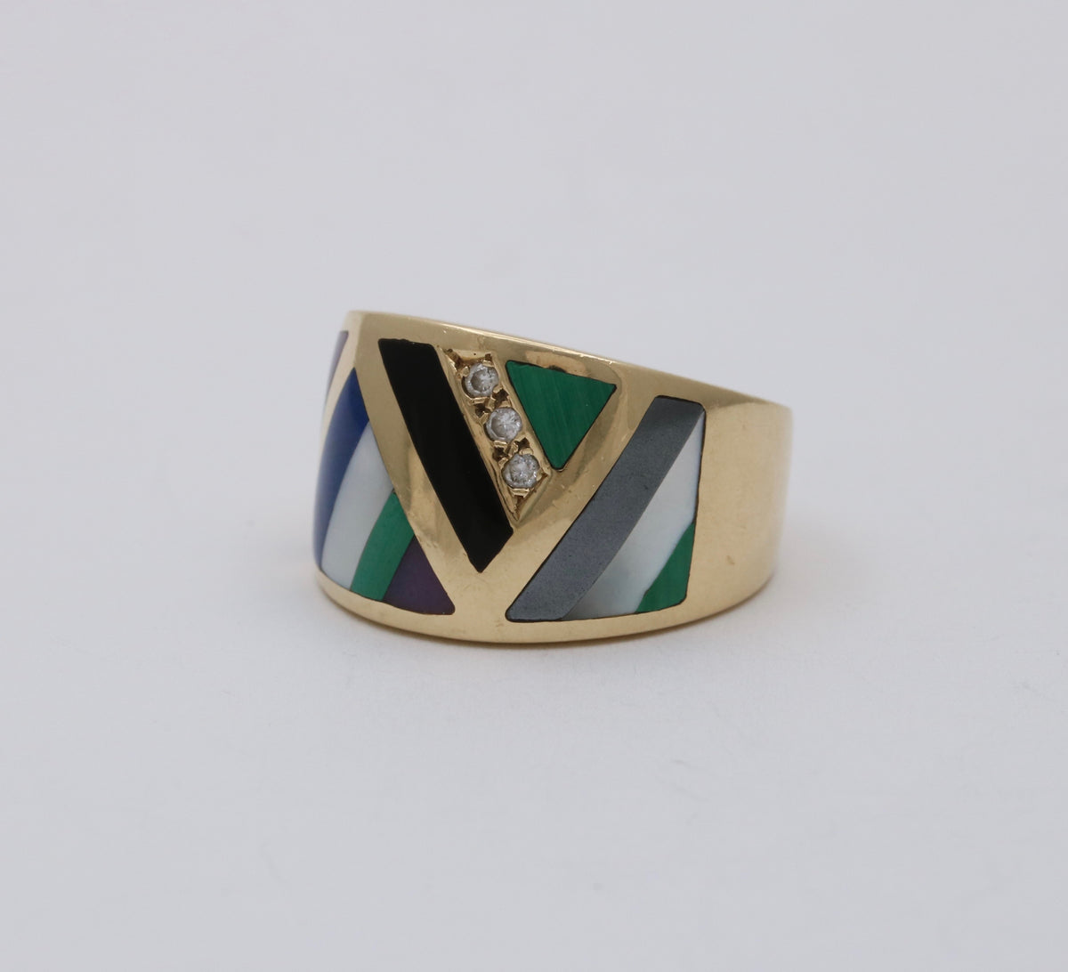 Asch Grossbardt 14K Gold, Inlaid Gemstone, and Diamond Geometric Ring