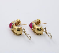 Large Vintage 18K Gold, Diamond and Synthetic Pink Sapphire Huggie Clip Earrings