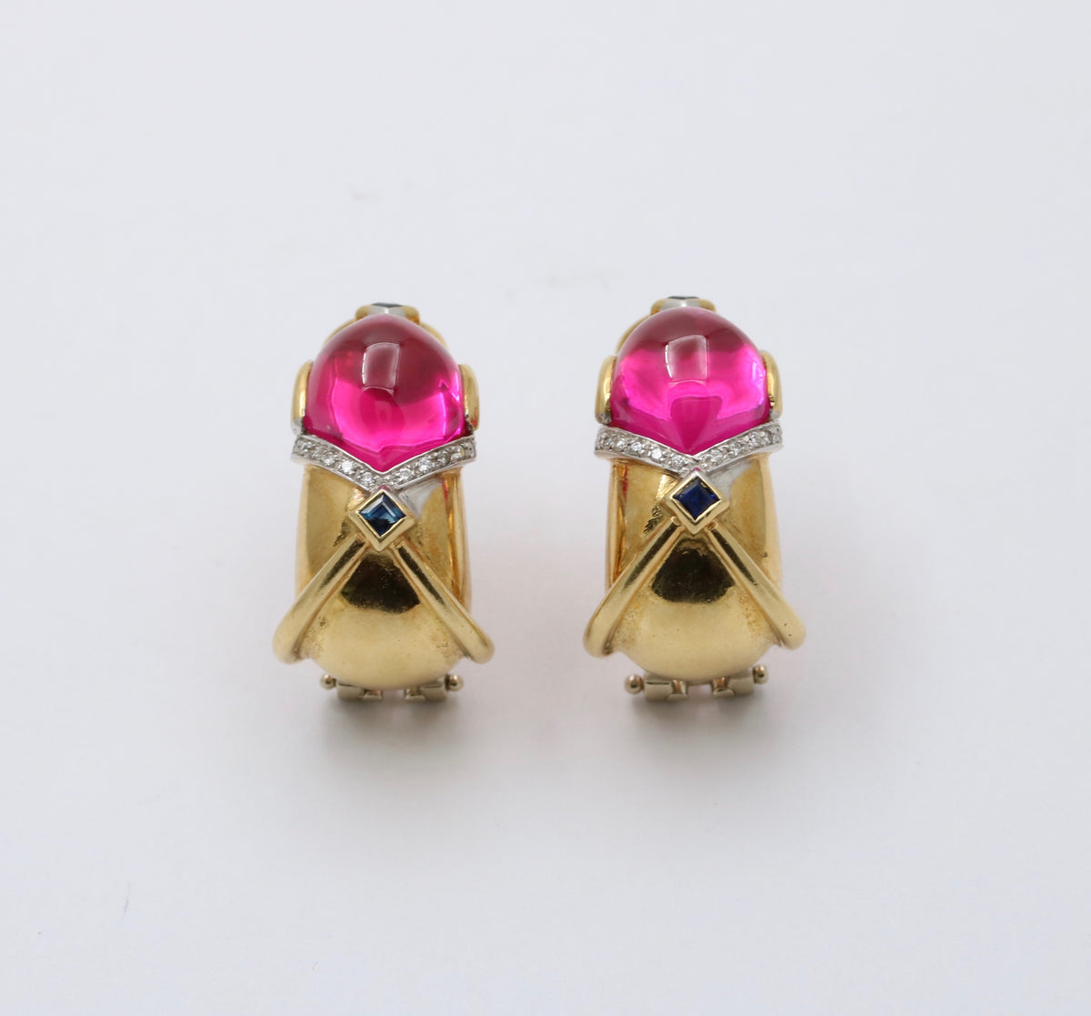Large Vintage 18K Gold, Diamond and Synthetic Pink Sapphire Huggie Clip Earrings