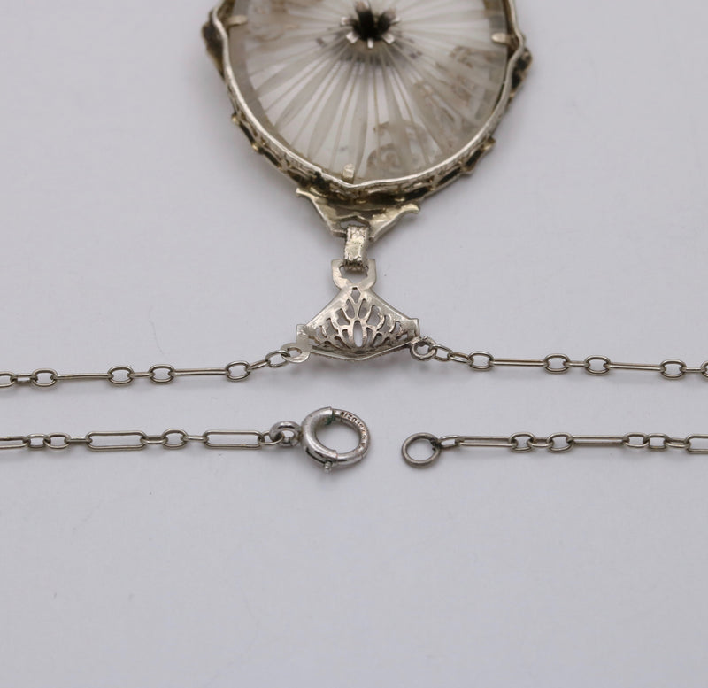 Art Deco Camphor Glass and Diamond 14K Gold Lavalier Necklace