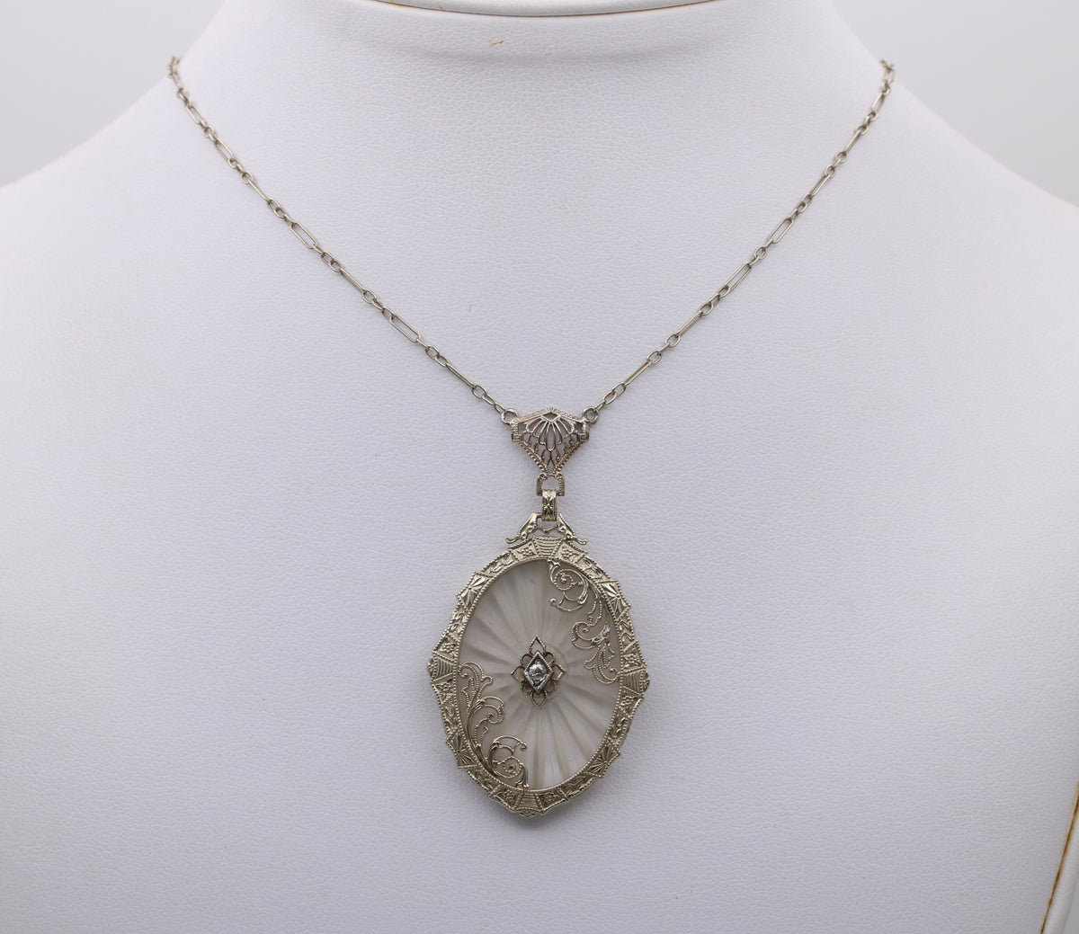 Art Deco Camphor Glass and Diamond 14K Gold Lavalier Necklace