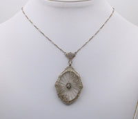 Art Deco Camphor Glass and Diamond 14K Gold Lavalier Necklace