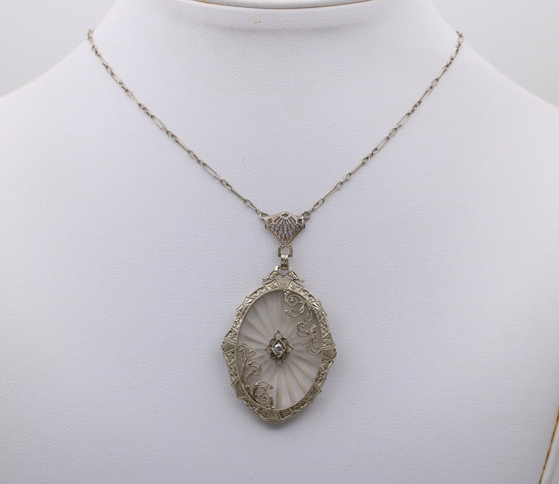 Art Deco Camphor Glass and Diamond 14K Gold Lavalier Necklace