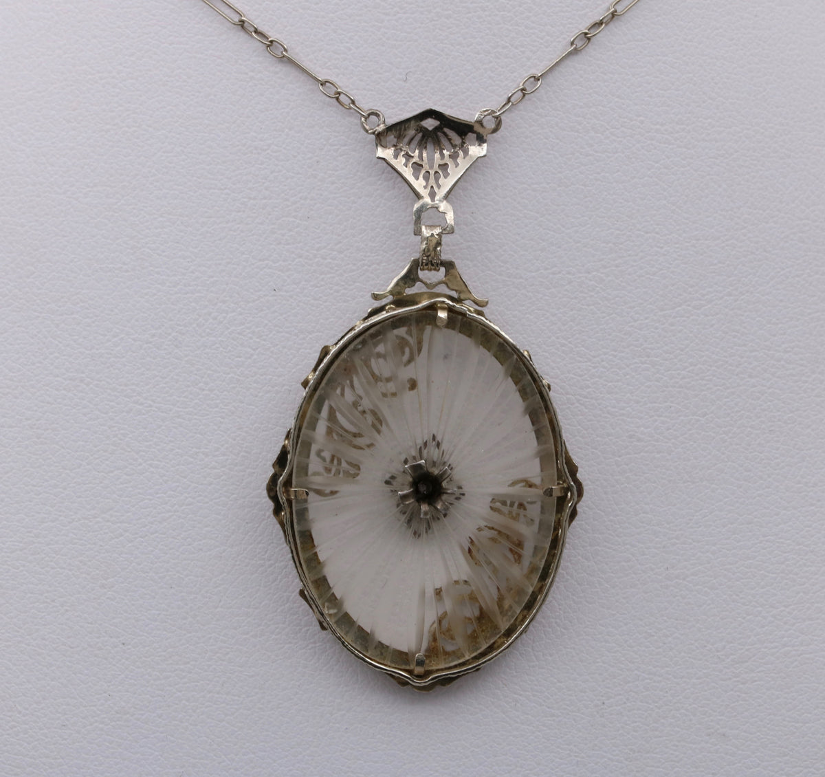 Art Deco Camphor Glass and Diamond 14K Gold Lavalier Necklace