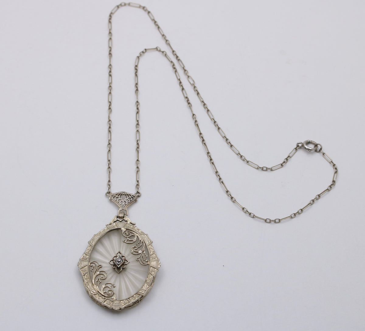 Art Deco Camphor Glass and Diamond 14K Gold Lavalier Necklace