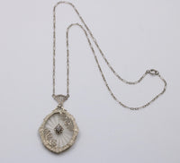 Art Deco Camphor Glass and Diamond 14K Gold Lavalier Necklace