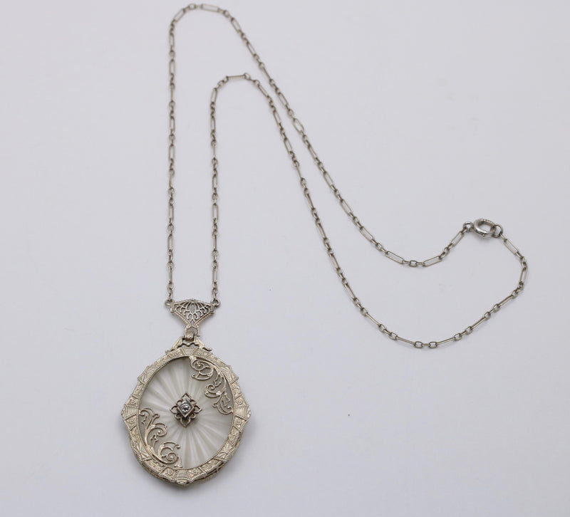 Art Deco Camphor Glass and Diamond 14K Gold Lavalier Necklace