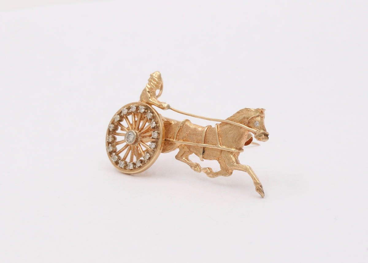 Vintage 14K Gold and Diamond Horse and Carriage, Chariot Articulated Brooch, Pin