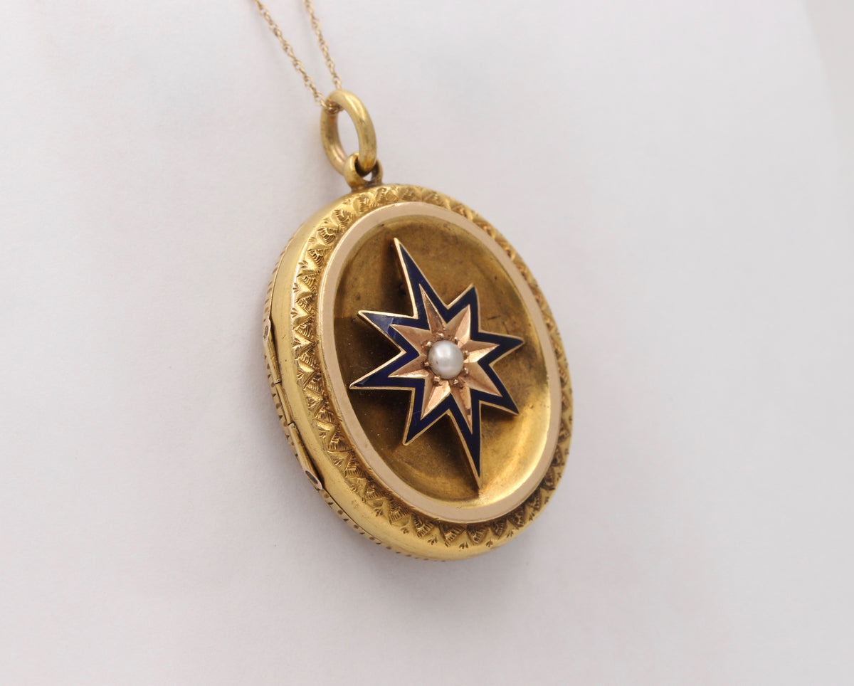 Victorian 15K Gold, Pearl Enamel Northern Star Buckle Motif Locket, Antique Pendant