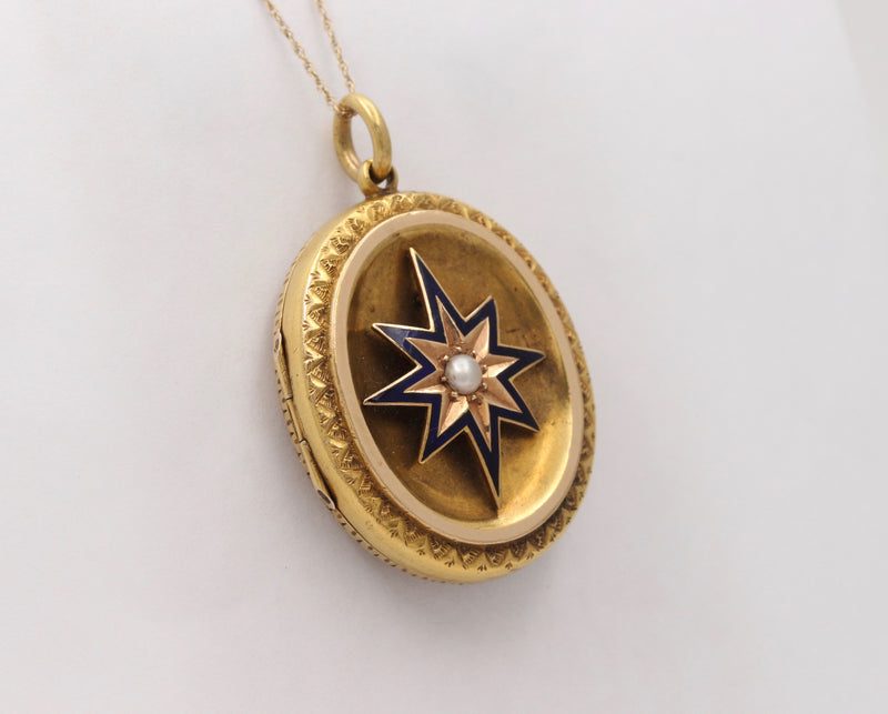 Victorian 15K Gold, Pearl Enamel Northern Star Buckle Motif Locket, Antique Pendant