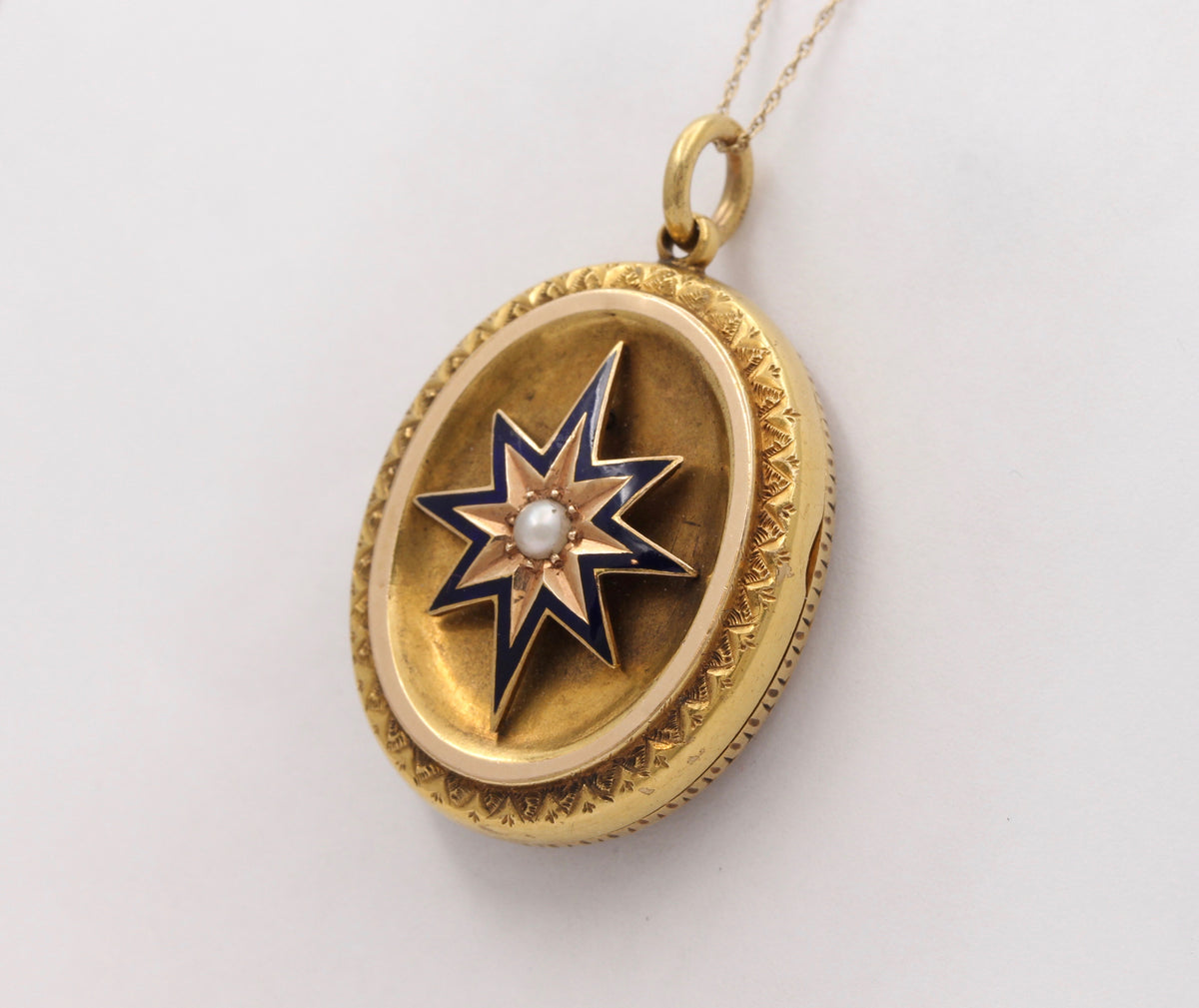 Victorian 15K Gold, Pearl Enamel Northern Star Buckle Motif Locket, Antique Pendant