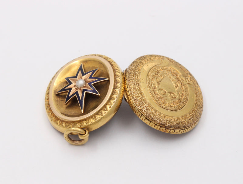 Victorian 15K Gold, Pearl Enamel Northern Star Buckle Motif Locket, Antique Pendant