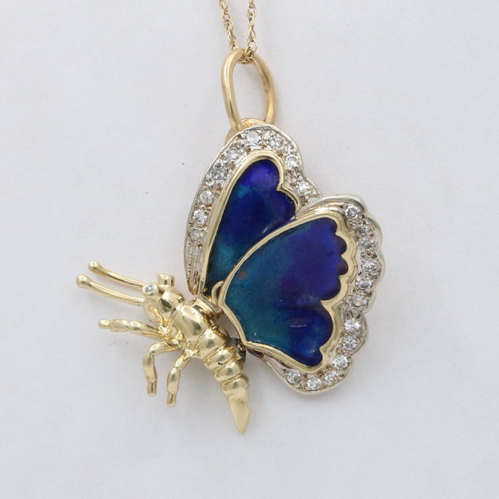 Vintage 14K Gold, Diamond, and Blue Enamel Butterfly Charm