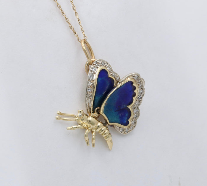 Vintage 14K Gold, Diamond, and Blue Enamel Butterfly Charm