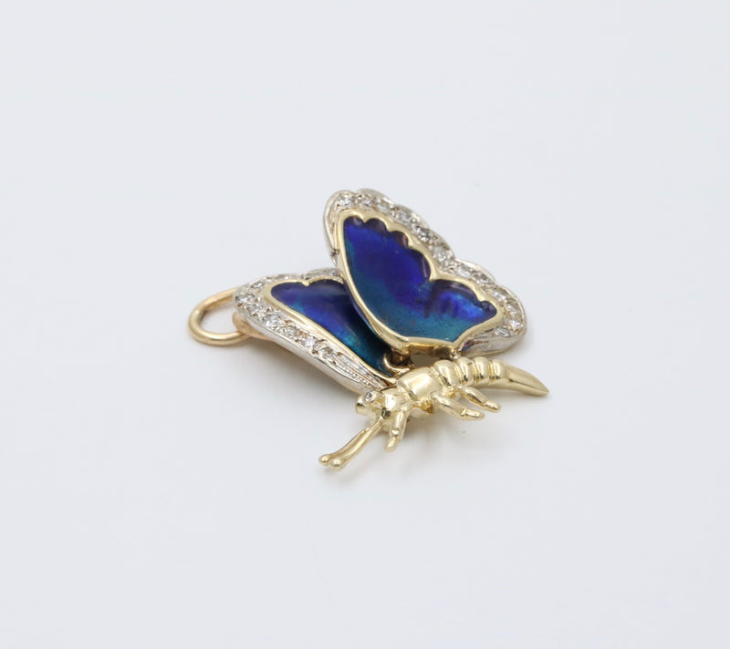 Vintage 14K Gold, Diamond, and Blue Enamel Butterfly Charm