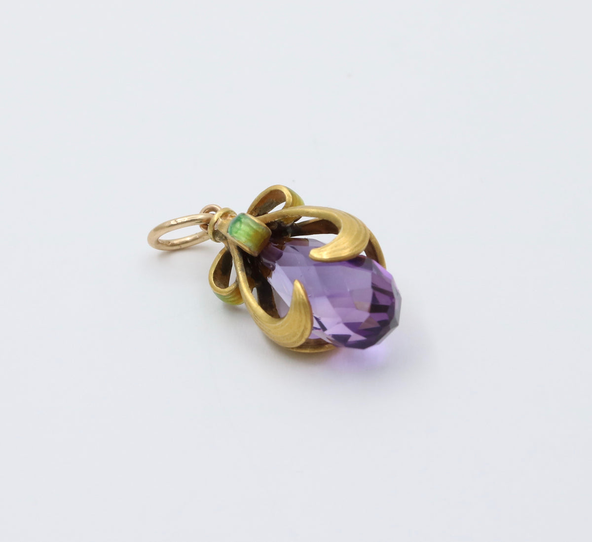 Art Nouveau Amethyst Briolette, Enamel, and 14K Gold Swirl Charm