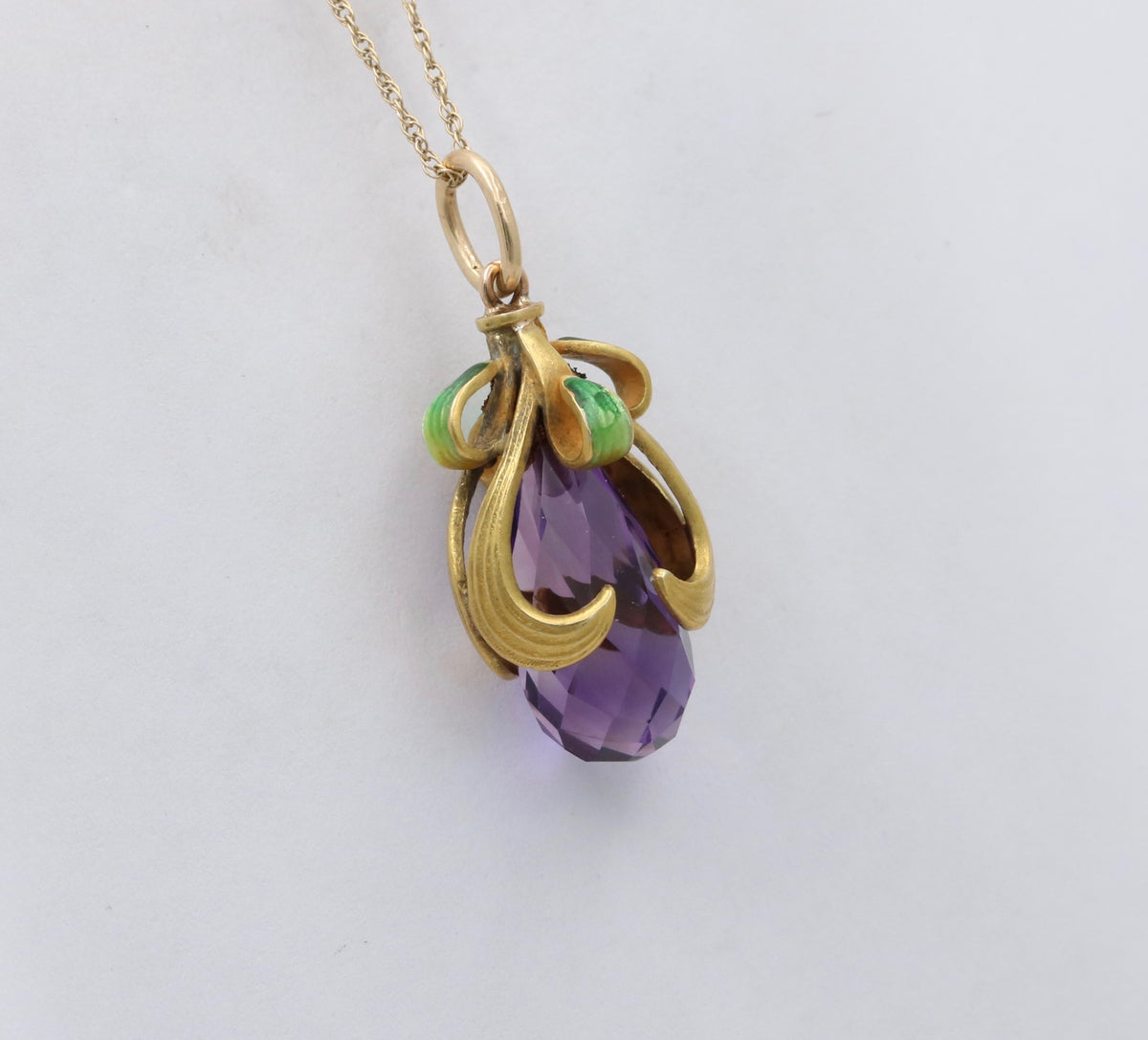 Art Nouveau Amethyst Briolette, Enamel, and 14K Gold Swirl Charm