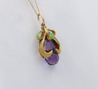 Art Nouveau Amethyst Briolette, Enamel, and 14K Gold Swirl Charm