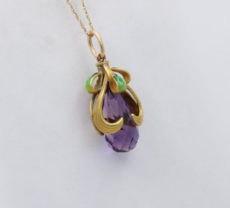 Art Nouveau Amethyst Briolette, Enamel, and 14K Gold Swirl Charm