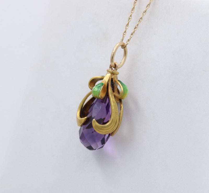 Art Nouveau Amethyst Briolette, Enamel, and 14K Gold Swirl Charm