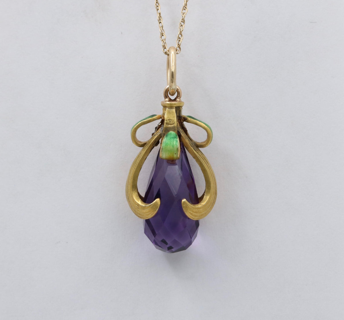 Art Nouveau Amethyst Briolette, Enamel, and 14K Gold Swirl Charm