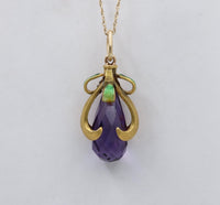 Art Nouveau Amethyst Briolette, Enamel, and 14K Gold Swirl Charm