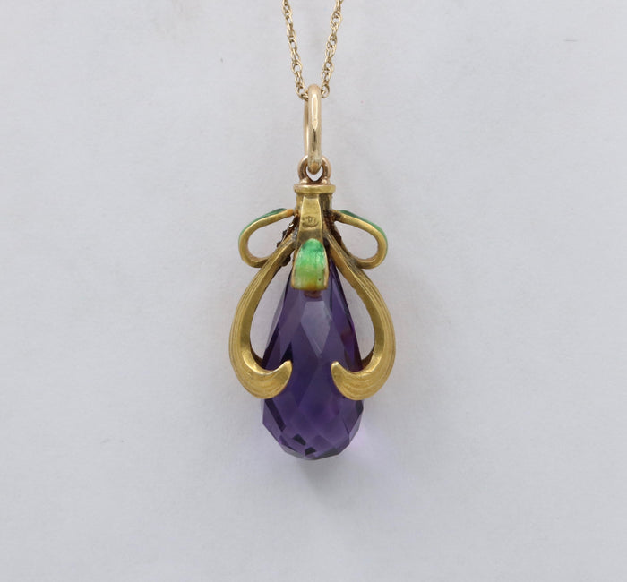Art Nouveau Amethyst Briolette, Enamel, and 14K Gold Swirl Charm