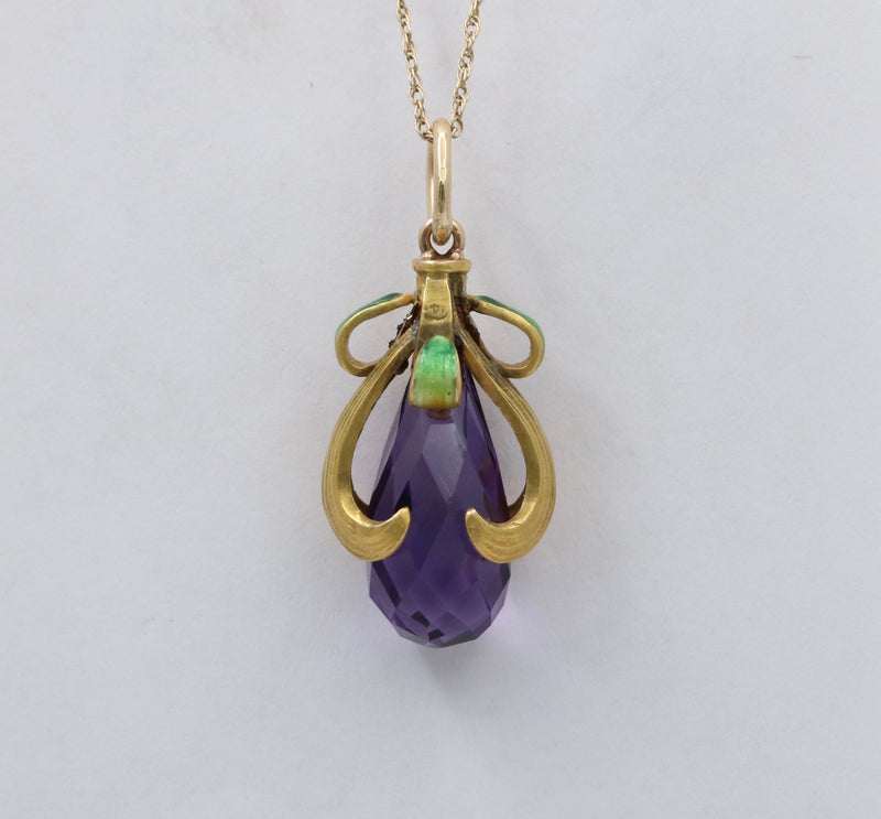 Art Nouveau Amethyst Briolette, Enamel, and 14K Gold Swirl Charm