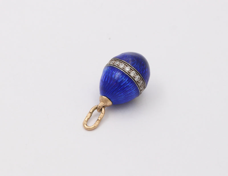 Vintage Russian 14K Gold and Diamond Blue Enamel Egg Charm