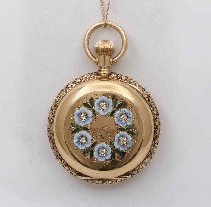 Antique Enamel, Diamond, and 14K Gold Forget Me Not Flower Pocket Watch