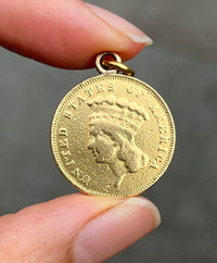Antique 1855 S Indian Princess Head $3 Gold Coin, 22K Gold Charm