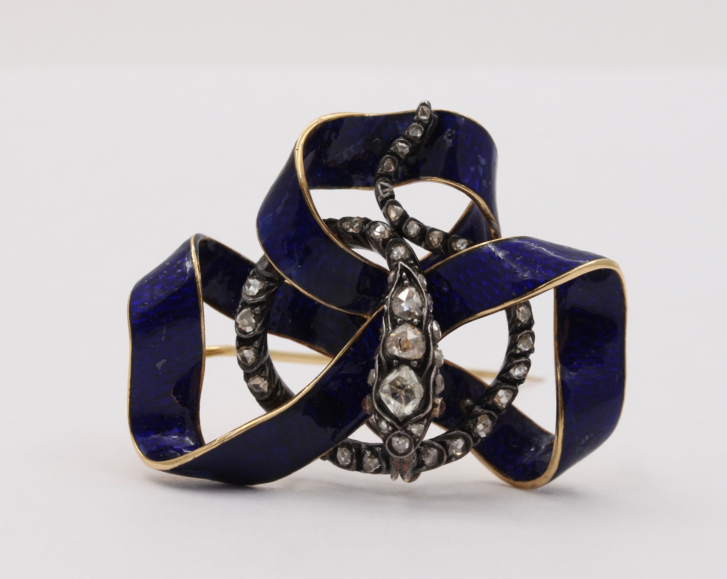 Antique Diamond and Blue Enamel Bow Brooch with DogClip for Charms