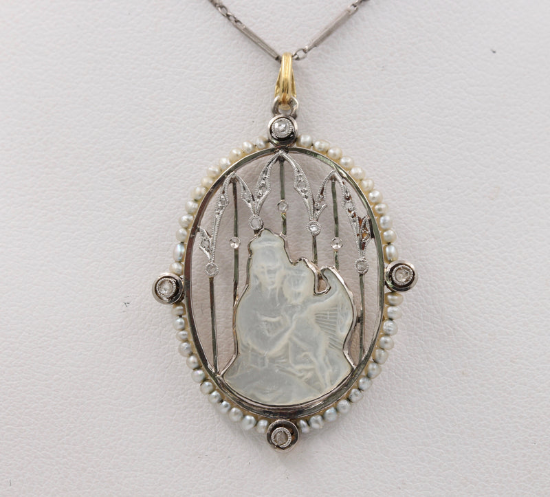 Art Deco Platinum 18K Gold, Diamond, Mother-of-Pearl Mother and Child Pendant, Necklace