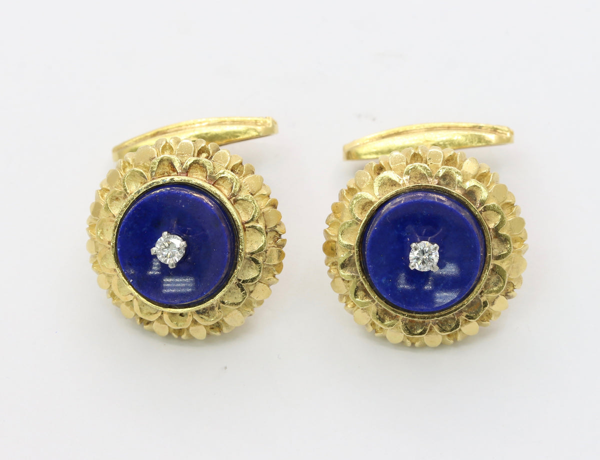 Vintage La Triomphe 18K Gold Diamond and Lapis Lazuli Cufflinks