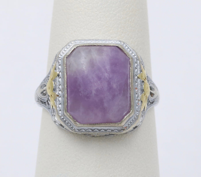 Art Deco Amethyst and 10K Gold Bow Motif and Filigree Ring, Antique Ring