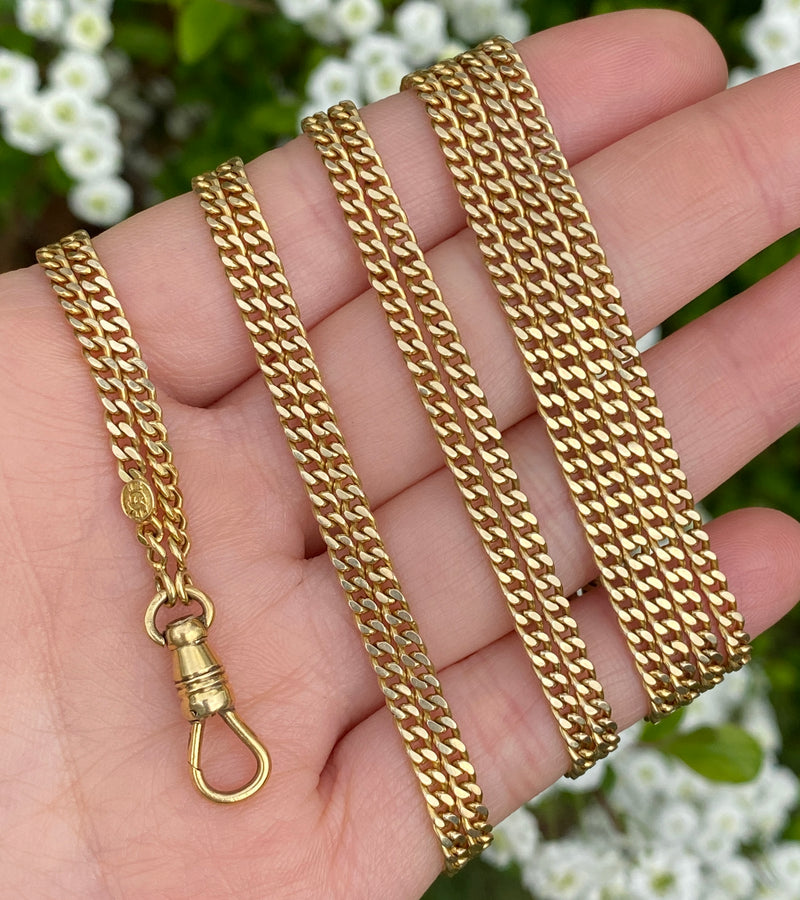 Art Deco 14K Gold Curb Link Longuard Chain, 60” Long