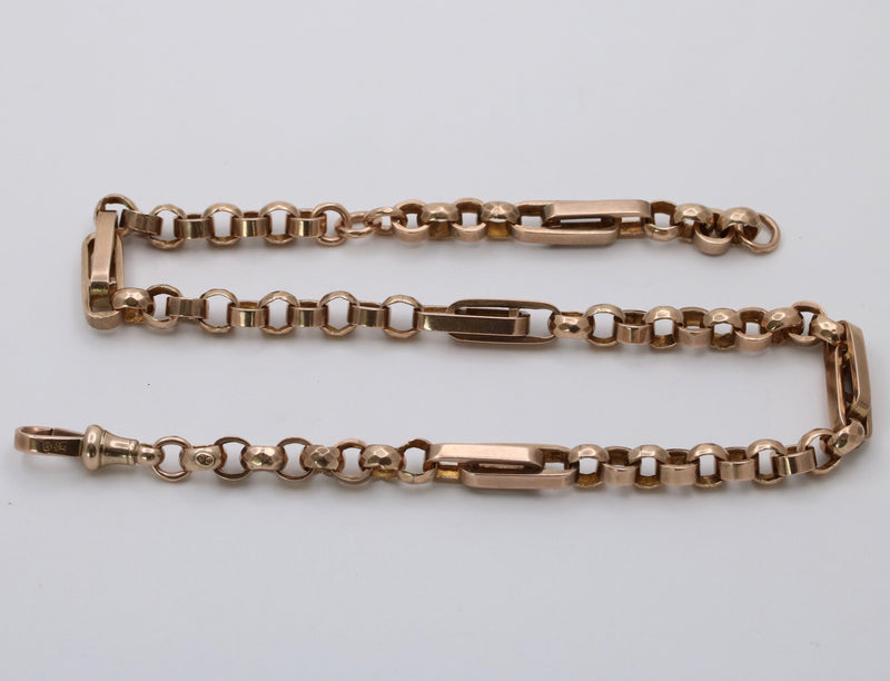 Victorian 9K Rose Gold Trombone Link Watch Chain, 15” Long