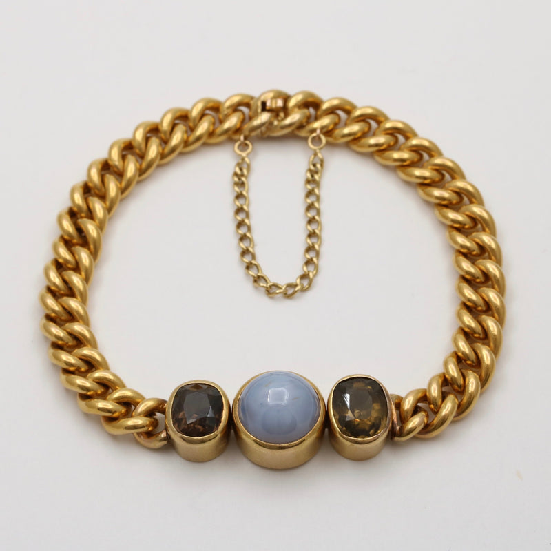 French Vintage Star Sapphire and Smoky Topaz 18K Gold Curb Bracelet