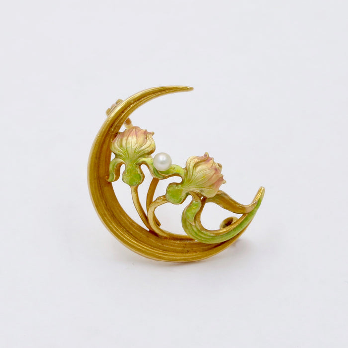 Art Nouveau Krementz 14K Gold and Enamel Crescent and Lotus Flower Pin