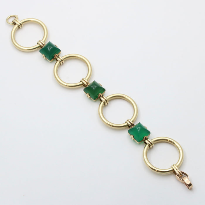 Large Vintage Sugarloaf Chalcedony and 14K Gold Circular Link Bracelet